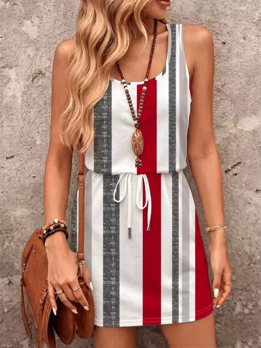 Summer Style Red White and Gray Striped Print Drawstring Waist Sleeveless Dress Suitable for Women's Beach Vacation Dresses — image 6