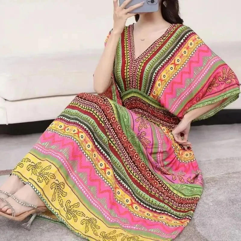 Casual Elegant Retro Bohemian National Style V-neck Elastic Waist Large Swing Printed Summer Long Skirt Woman Dress Clothes