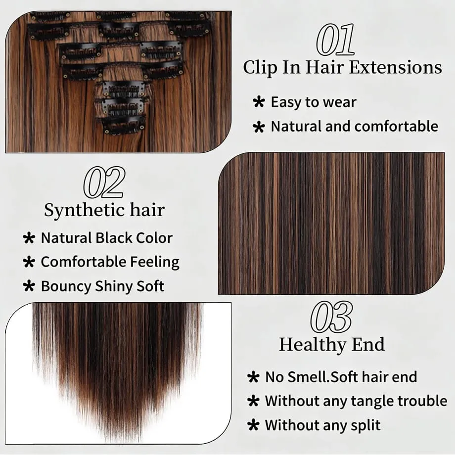 24 Inch 8Pcs Clip in Hair Extensions Long Straight Hair Extensions Soft Synthetic Hairpieces for Women Daily Fashion Hairstyle