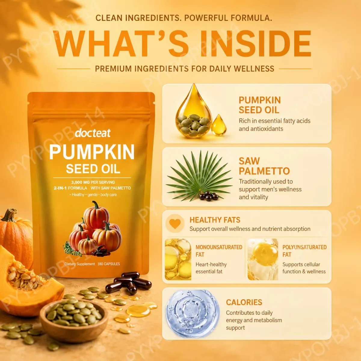 Docteat Pumpkin Seed Oil na may Saw Palmetto Capsules 2-in-1 na Formula para sa Prostate at Bladder Function Support 180 Capsules — image 3