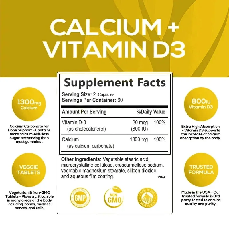 Calcium + Vitamine D3 Bevordert de gezondheid van de botten en ondersteuning van het immuunsysteem Verbetert de absorptie van carbonaat. Voedingssupplement
