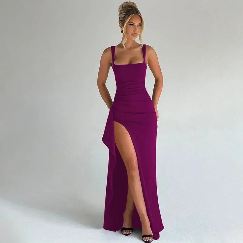 Sexy Solid Pleated Strapless Dress Lady Chic Off-shoulder Backless High Waist Split Dresses Women 2026 New Evening Party Gown