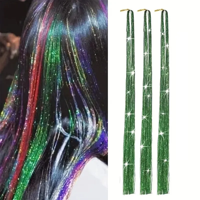 90cm Syntetisk 3st/set Regnbågsfärgat glänsande hår Laser Tinsel Långt rakt Värmebeständigt Fairy Hair Extension Party Dagligen