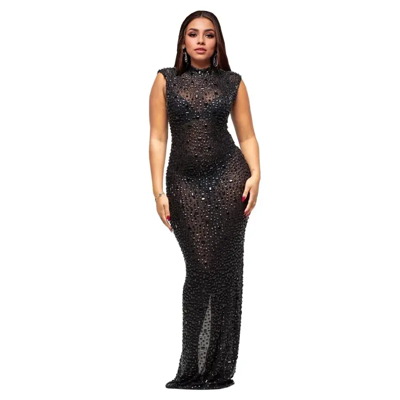 CM.YAYA 2024 Sonbahar Elmas Sıcak Rhinestones O-Boyun Kadın Kolsuz Bodycon Uzun Elbise Doğum Günü Partisi Akşam Balo Maxi Elbiseler