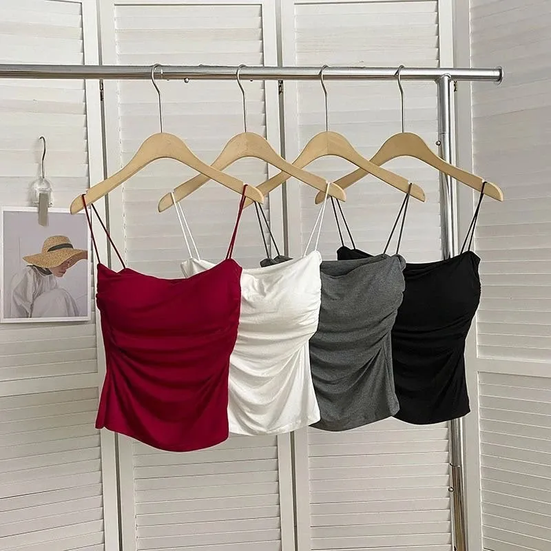 Y2K Streetwear Women Spaghetti Strap Crop Top With Bra Bodycon Sleeveless Cami Tube Top Basic Camisole Tees Korean Women Clothes