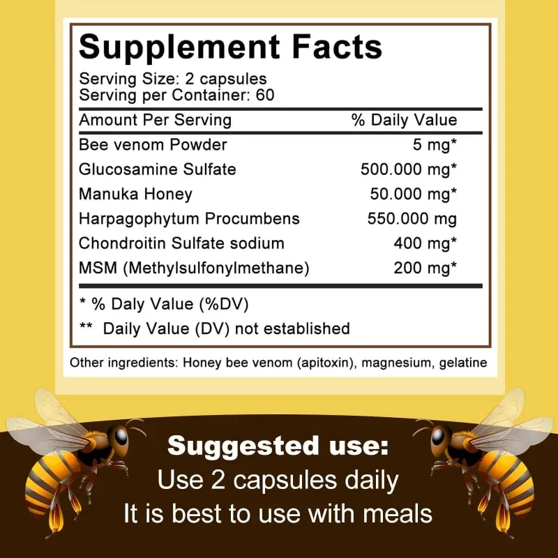 Premium Bee Venom Extract Anti-Inflammatory Extract Joint at Bone Supplement 120 Capsules