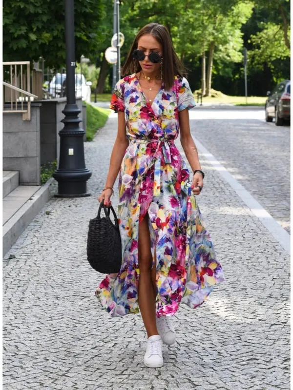 Printed Dress 2025 Summer V-neck Split Fork Medium and Long Group European and American Cross-border Women's Clothing — image 7