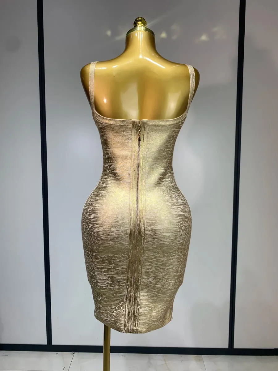 高品質名人優雅金色緊身繃帶洋裝女式性感夜店晚會奢華生日禮服背心