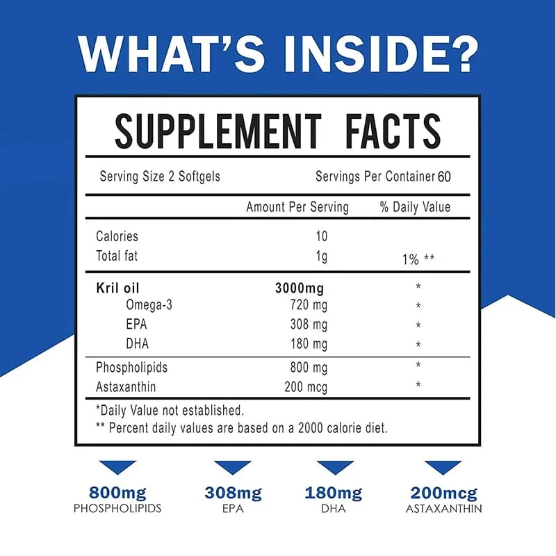 Minyak Krill Antartika 3000mg - Omega-3 EPA DHA Astaxanthin Alami Kekuatan Maksimum untuk Kesehatan Jantung & Sendi