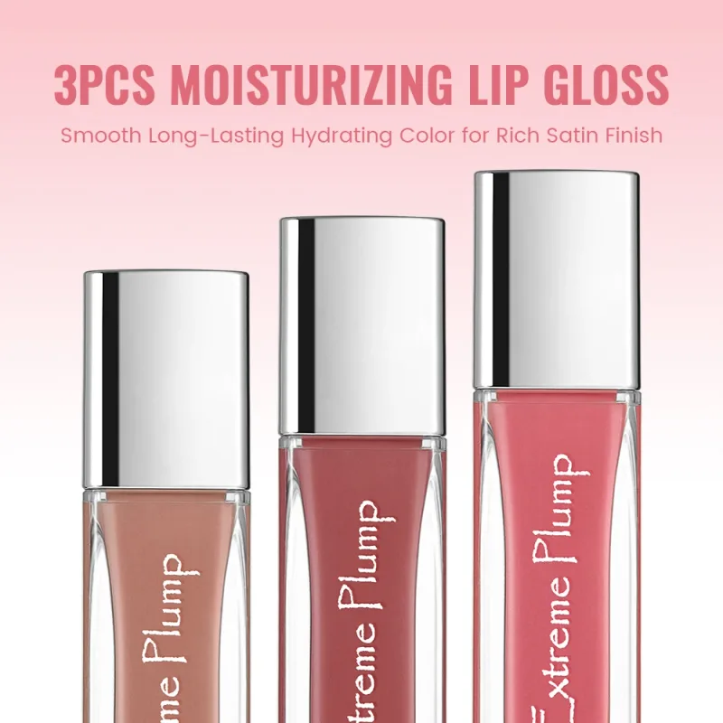 3Pcs Extreme Plump Lip Gloss Set Mirror Glass Finish Long Lasting Hydrating Lip Glaze Non-sticky Waterproof Nude Liquid Lipstick
