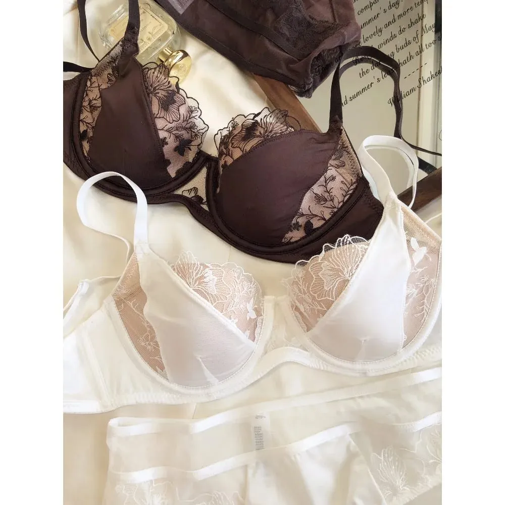 French Retro Color Block Lace Bra Set Soft Underwire Minimizer Thin Cup Lift Support Lingerie Set Women Size 34-40ABC