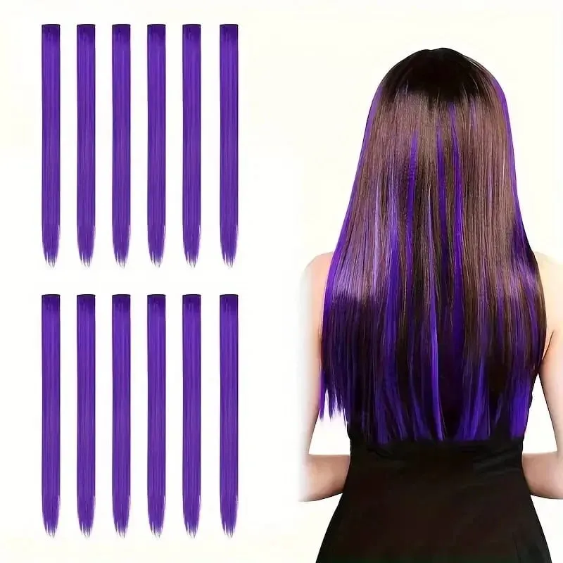 12 Pcs Colored Hair Extensions: Straight Hairpiece Multi-Color Party Highlights Clip-in Synthetic Hair Extensions for Women