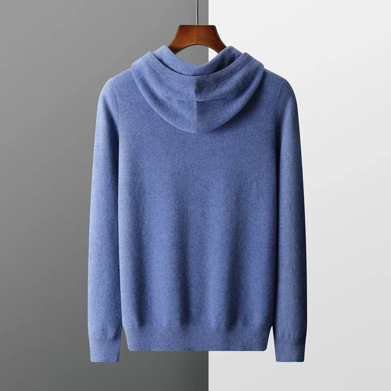 Men's 100% Merino Wool Sweater Hooded Collar Knitted Pullover Sweatshirt Autumn Winter Casual Large Tops Long Sleeved
