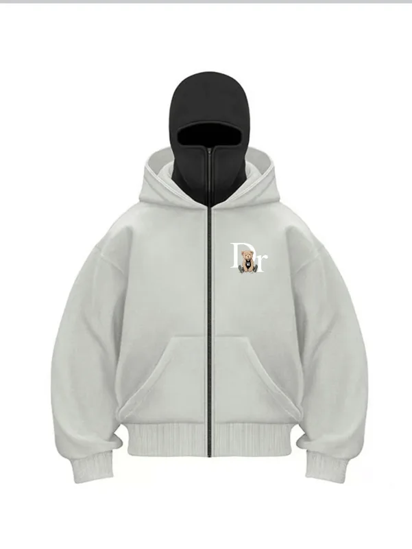 2025 Sweat à capuche zippé imprimé pour hommes Sweat-shirt chaud et décontracté d'hiver avec masque facial à capuche Veste de sport à fermeture éclair pour activités de plein air