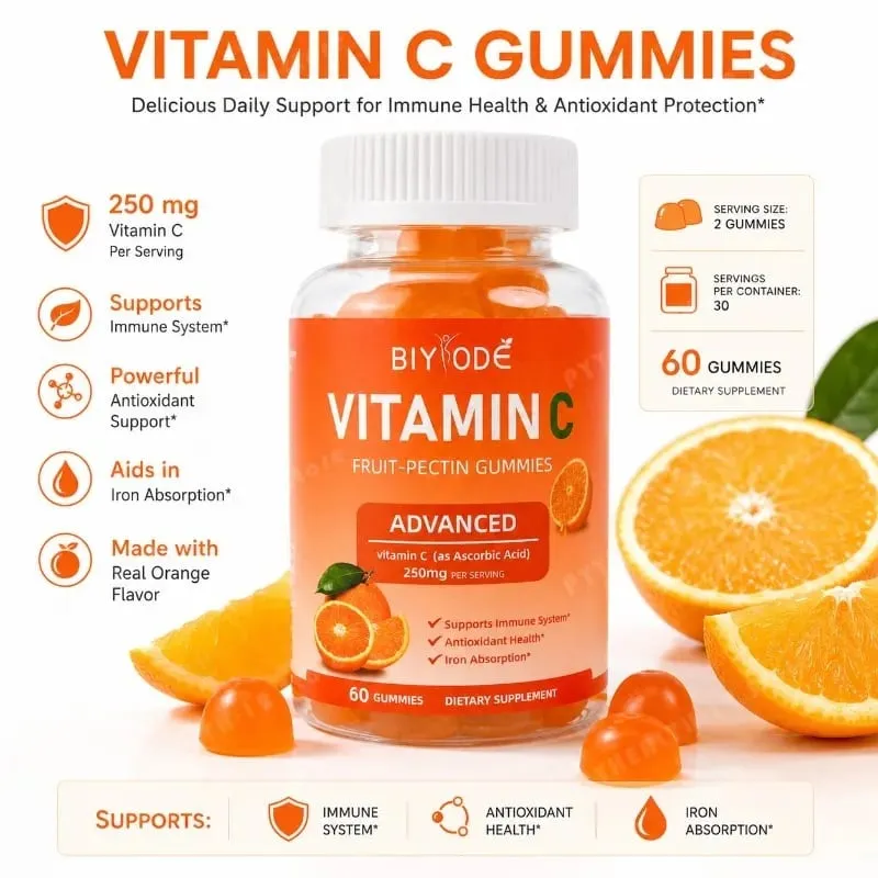 Vitamin C Gummies 250mg with Vitamins A and E Orange Fruit Pectin Chewables 60 Count Daily Nutrition for Adults Men & Women