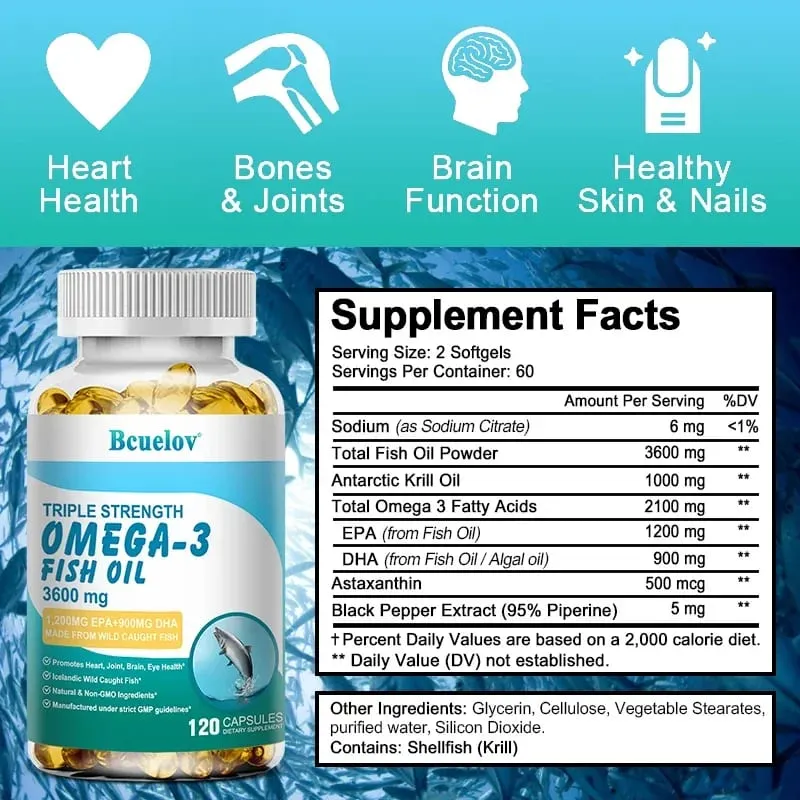 Bcuelov Omega-3 Fish Oil Dietary Supplement - Includes EPA & DHA - 3600 Mg Per Serving for Heart Joint Brain Eye Health