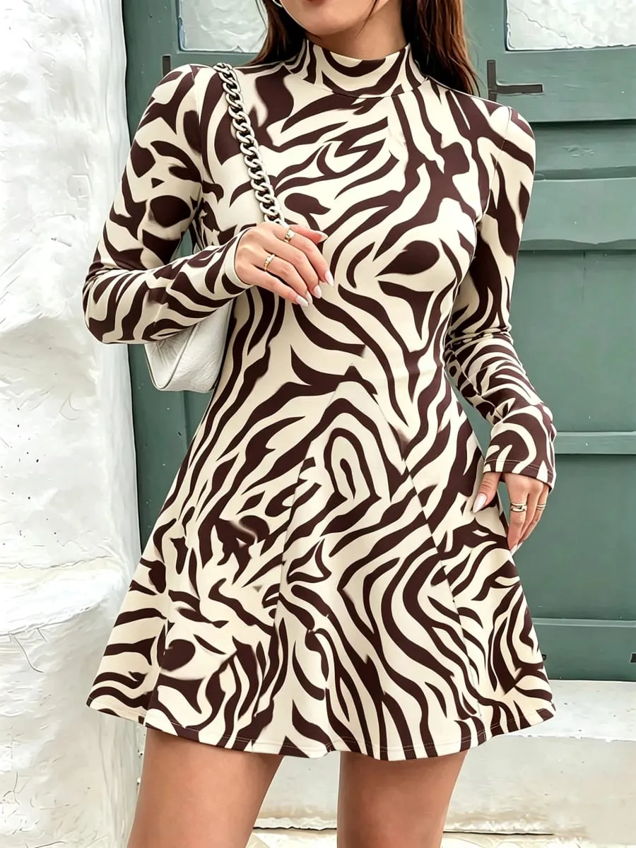 Women's Autumn Casual High Neck Mini Dress Solid Color Geometric Pattern Long Sleeved Waist Cinched A-Line Skirt