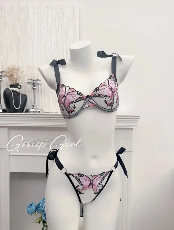 Modest Romantic Lace Butterfly Embroidery Bra Sheer Mesh Camisole Sleepwear Women Daily Wear Push Up Soft Lingerie Set 34-40