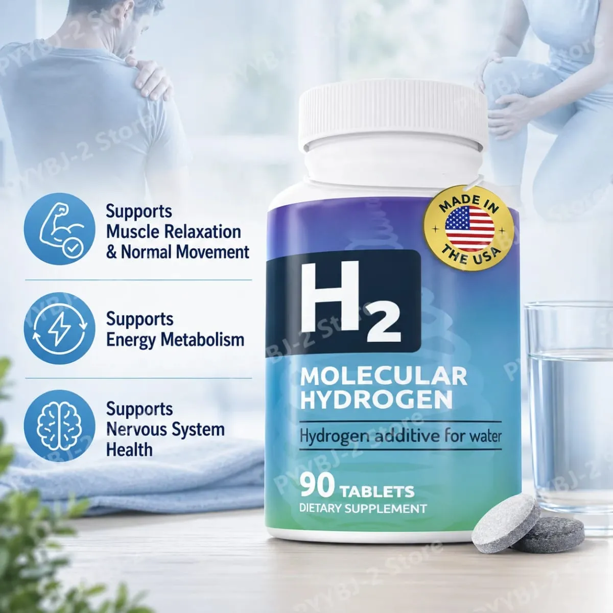 Molecular Hydrogen Tablets with Magnesium for Water Drink Muscle Relaxation Energy Metabolism Bone Health Support 90 Tablets