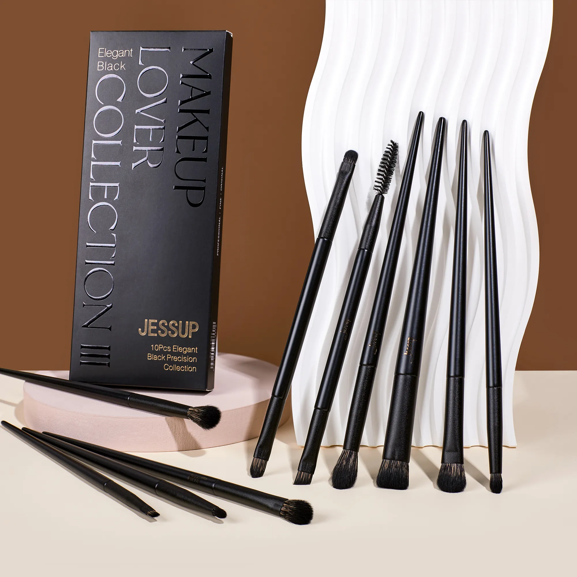 Jessup Eyeshadow Brushes Set 10pcs Eye Brush Shadow Blending Flat Liner Crease Duo-end Brow Spoolie Broach Elegant Black T337