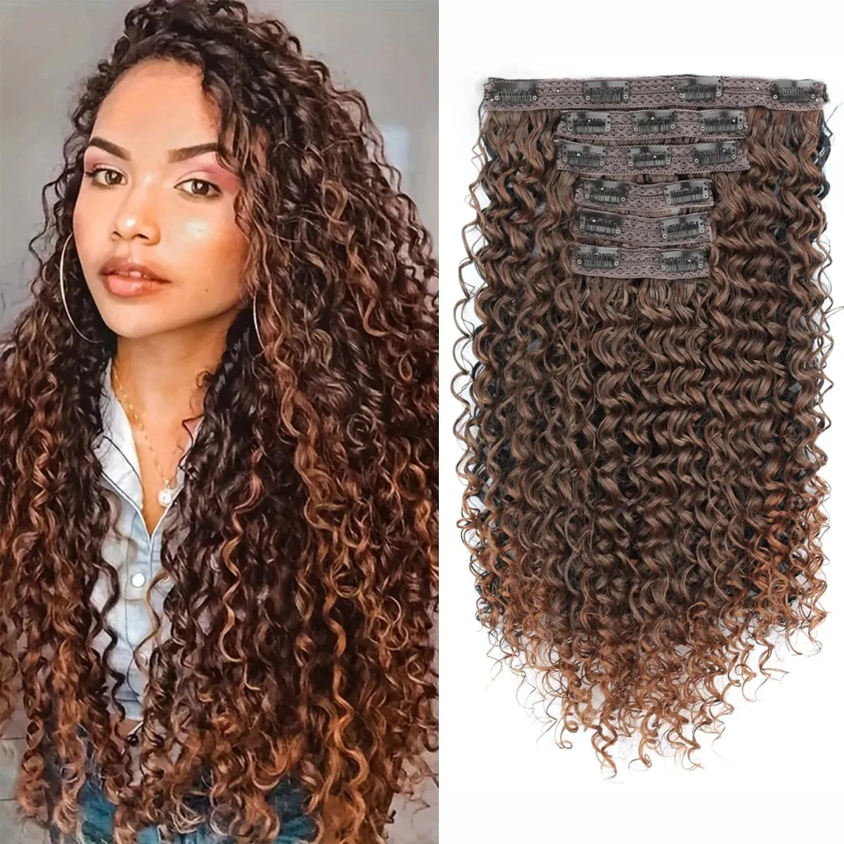 16 Clip In Hair Extensions Synthetic Kinky Curly Full Head Fake Pieces Brown Black Hair Extensions Suitable For Black Women