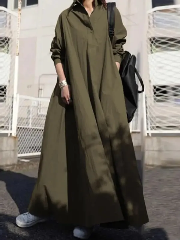 Robe chemise à manches longues pour femme, ample, surdimensionnée, Maxi, caftan, revers, couleur unie, demi-bouton, ligne a, automne