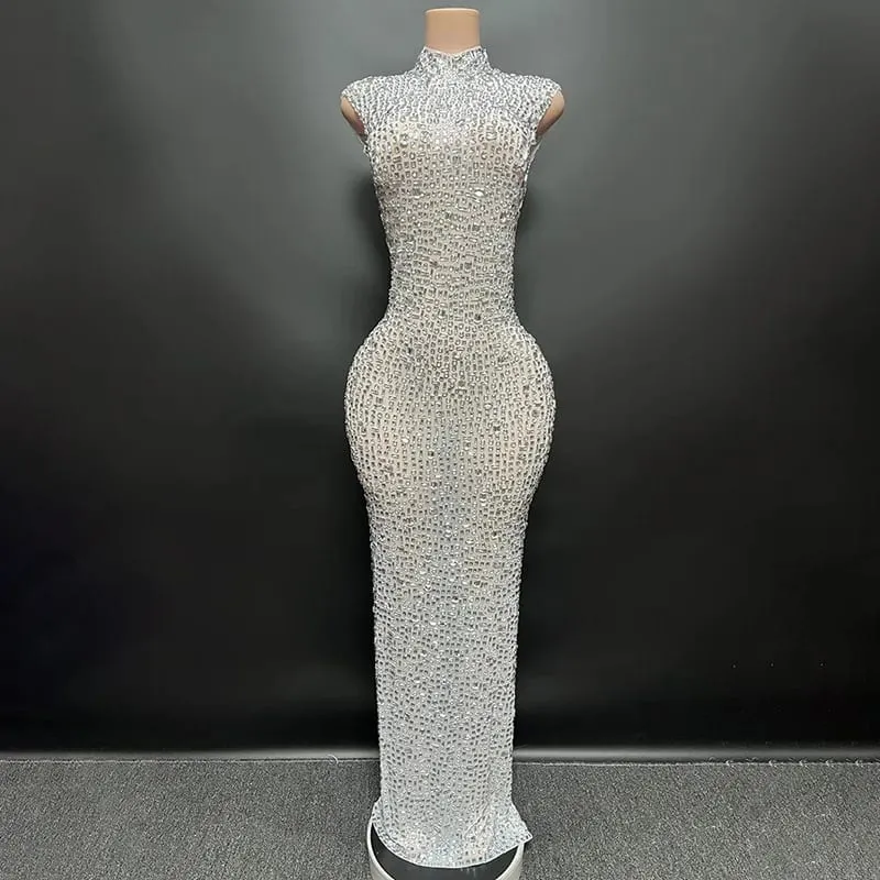 Elegantní luxusní křišťálové společenské šaty Slavnostní narozeninové šaty Nevěsta Diamantové dlouhé plesové šaty Matka Slavnostní slavnostní šaty