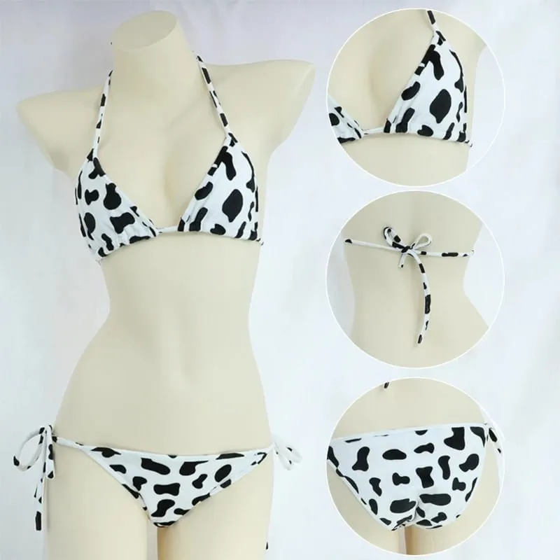 Womens Bikini Set Japanese Style Cute Milk Cow Dotted Mini Bikini Sets Underwear Halter Neck Bras Top with Briefs Panty — image 6