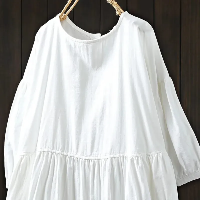 Johnature Women Vintage Cotton Dresses O-Neck Half Sleeve Soft Solid Color Robes 2025 Summer New Casual A-Line Female Dress