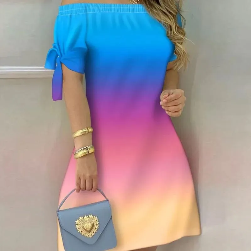 Women Off Shoulder Mini Dress Summer Sexy Short Sleeve Bow Tie Striped Floral Print Dresses Fashion Casual Loose Dress