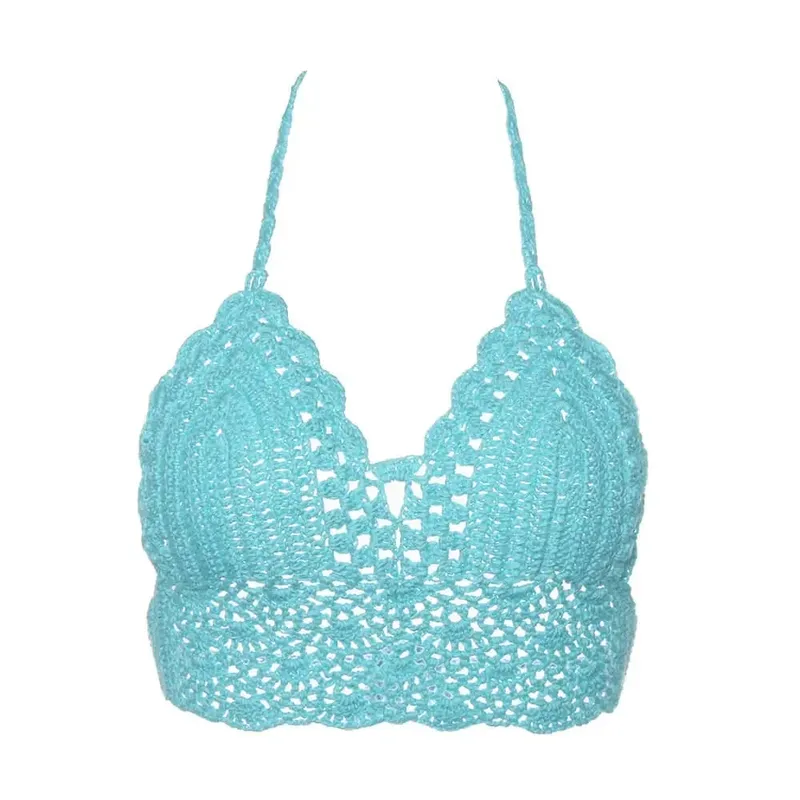 New Sexy Bikini Crop Top Crochet Boho Beach Camisoles Bikini Bralette Halter Cami Knitted Bra Women Backless Beachwear Tank Top