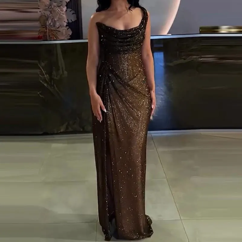 เซ็กซี่ Elegant ความยาวเต็มสูงแยกชุด Chic Girdling จัดเลี้ยง Maxi ชุดผู้หญิงหรูหราหนึ่งไหล่ Glitter Slim Dress