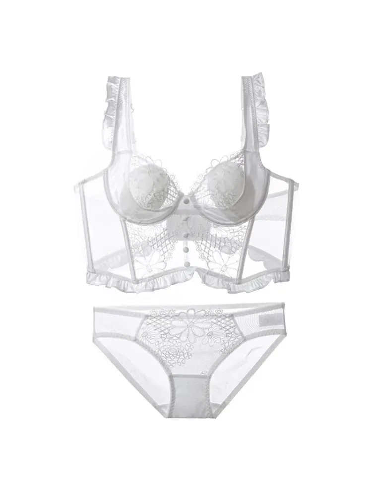 French Fishbone Lace Minimizer Bra Soft Underwire Open Back Lingerie Set for Women Sexy & Pure Push Up Bralette Anti-Sag