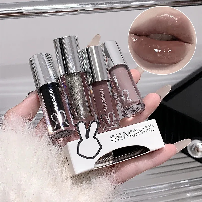 Mirror Watery Lip Gloss Lasting Moisturizing Lip Tint Cool Black Silver Gray Pearl Fine Sparkling Lipstick Makeup Cosmetics