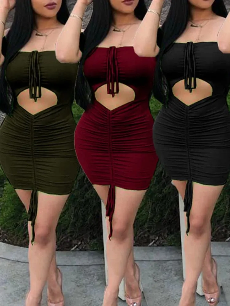 Sexy Off Shoulder Front Hollow Out Drawstring Elastic Slim Bodycon Dress Women Skinny Mini Dress Evening Club Party Vestidos — image 6