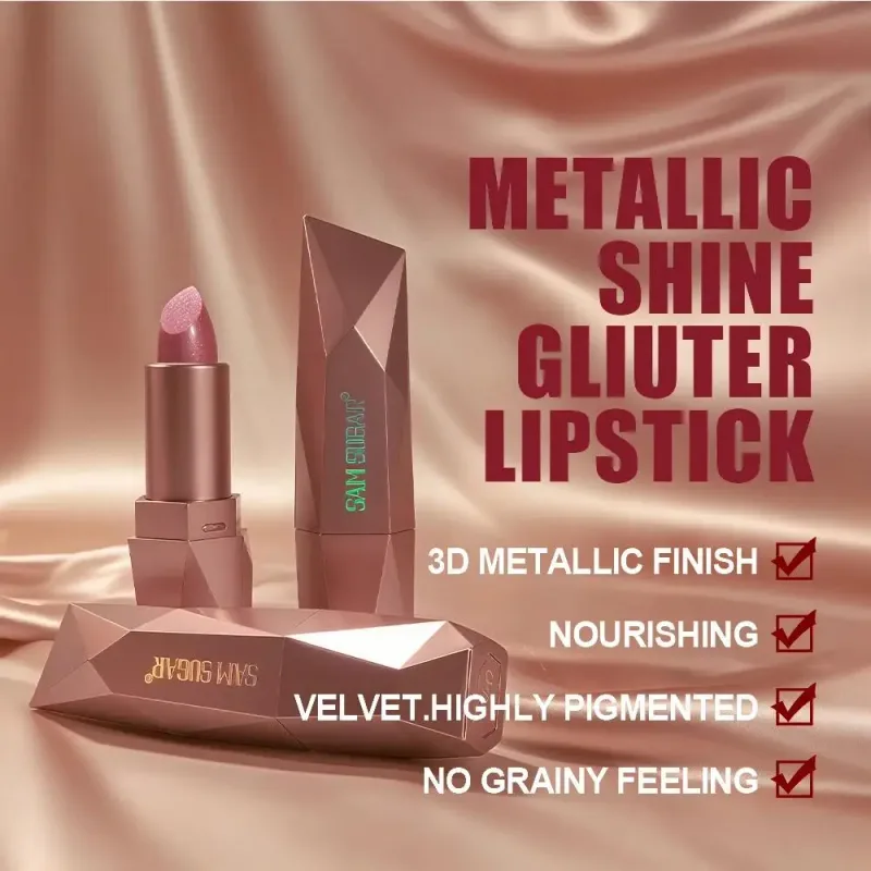 Diamond Glitter Lipstick Long Lasting Waterproof Moisturizing Highly Pigmented Metallic Shine Pearlescent Non Stick Cup Lipstick