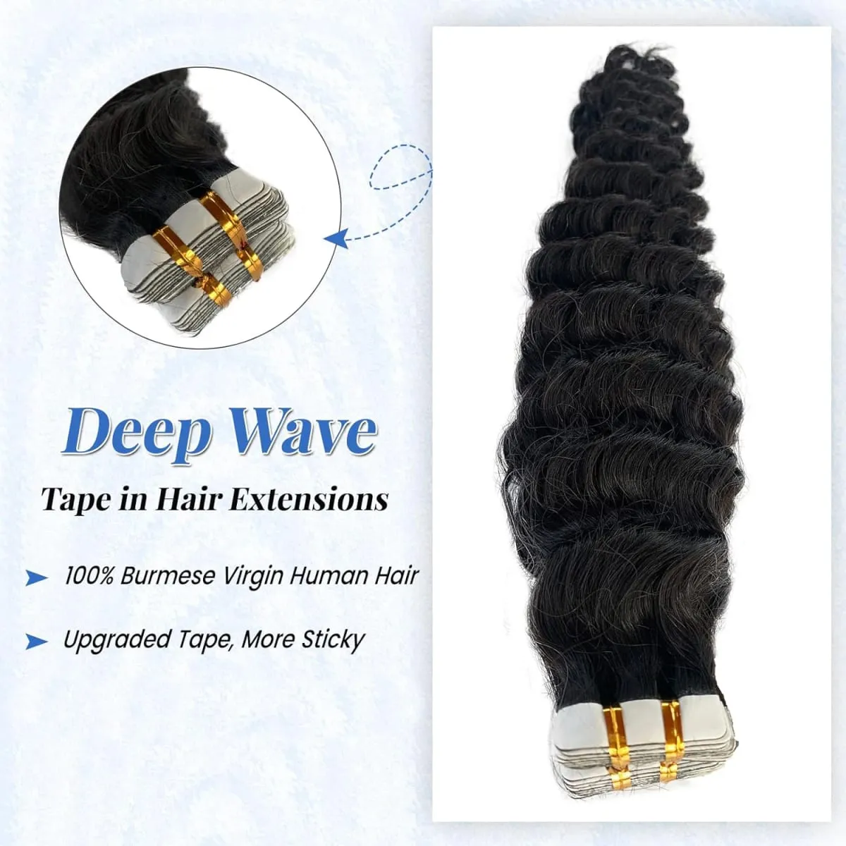 Deep Water Wave Tape In Hair Extensions Natural Black Remy 100% Human Hair 20pcs/50g Curly Tape ins Invisible Adhesive Seamless