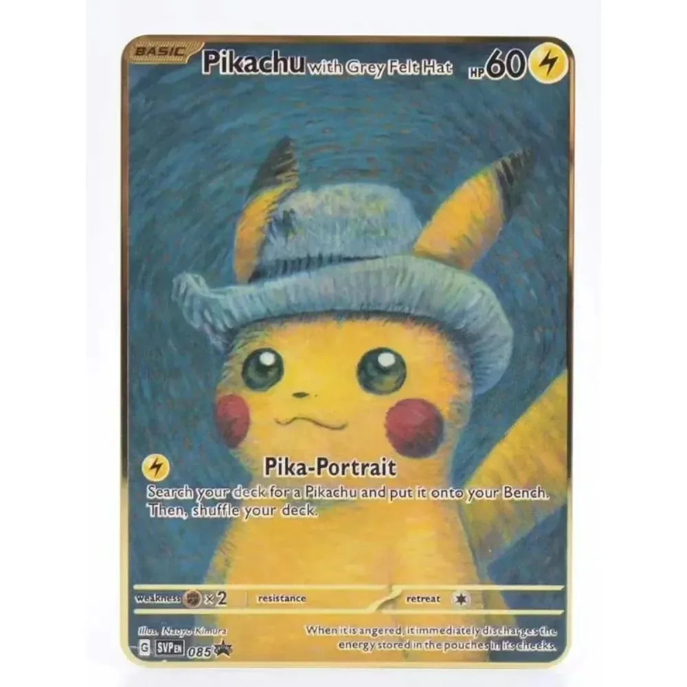 Van Gogh Museum Pokemon English Metal Card Anime Pikachu Charizard Mewtwo Shiny Letters Game Collection Card Kids Toy Gifts