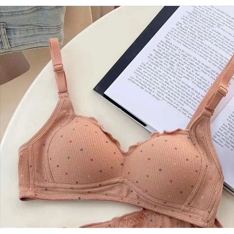 White Polka Dot Wireless Bra for Teens Push Up Bust Retraction Support Non Padded Bralette Set Small Chest Anti Sagging MOYISU