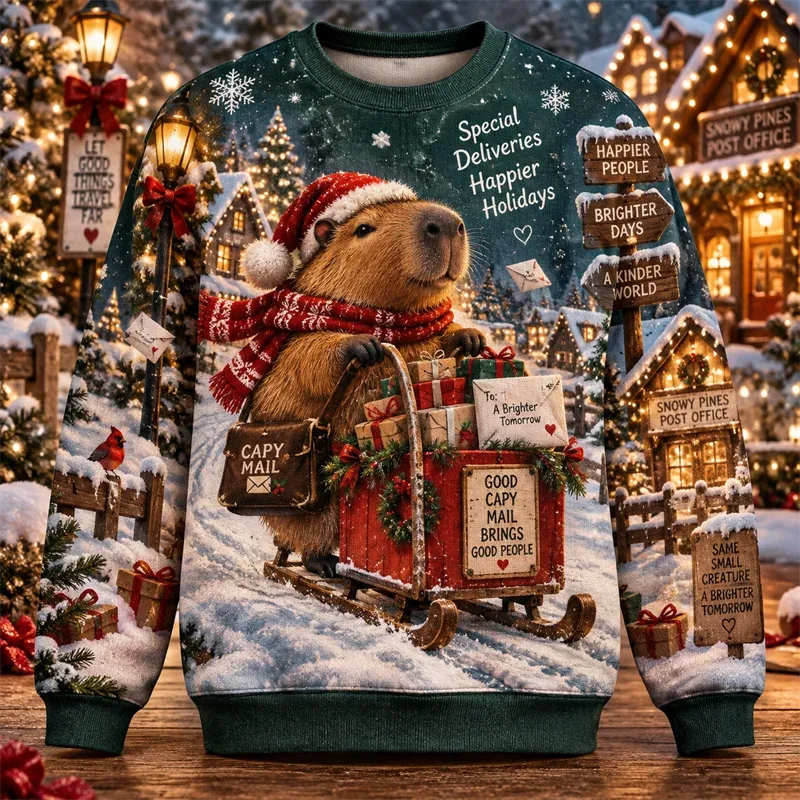 Capybara Christmas Sweater Funny Animal Holiday Graphic Crewneck Xmas Pullover Winter Party Gift Casual Streetwear Festive Top