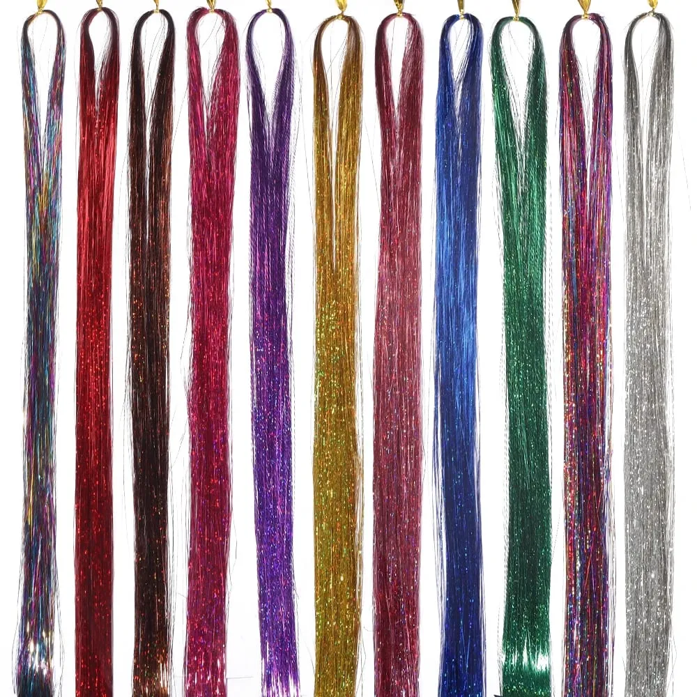 3pcs/pack 120cm Multicolor PET LLaser Hair Tinsel Strands Metallic Hair Extensions for DIY Party Cosplay Hair Decor Accessories