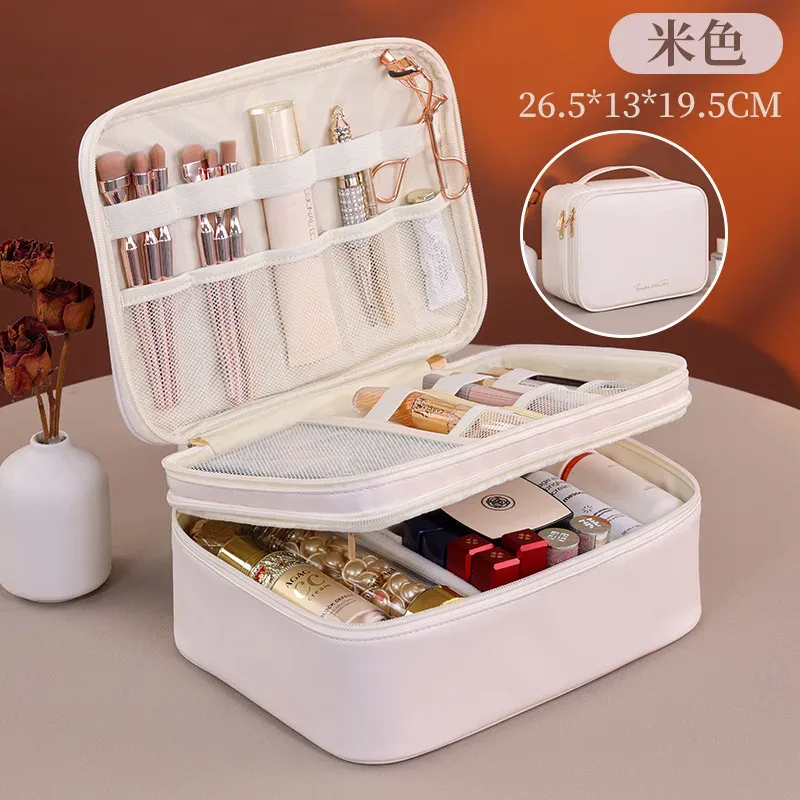 Multiple Compartments Large Capacity Cosmetic Organizer Case Portable Travel Toiletry Bag Double Layer Detachable Makeup Bag
