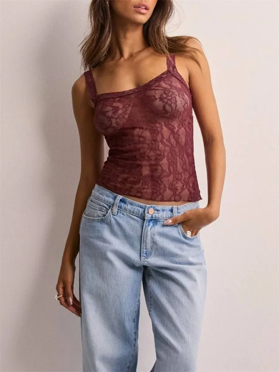 hirigin Aesthetic Slim Fit Camis Retro Floral Lace Sheer Crop Tops Cottage Grunge Sleeveless Shirt Vest Y2k Vintage Tank Tops — image 8