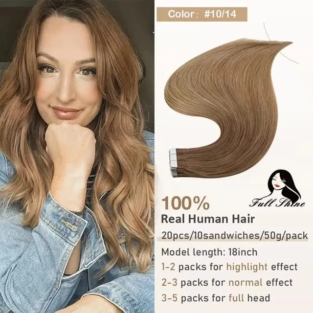 Full Shine Tape hajhosszabbításhoz 20 db Skin Weft Remy Straight Hair Ragasztó brazil hajra nőknek — image 9