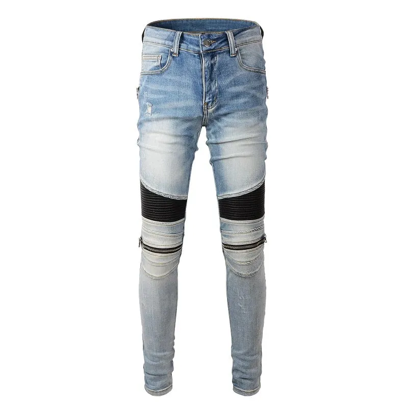 Sokotoo Men's PU Leather Patchwork Biker Jeans Zippers Retro Light Blue Stretch Denim Slim Pants — image 6