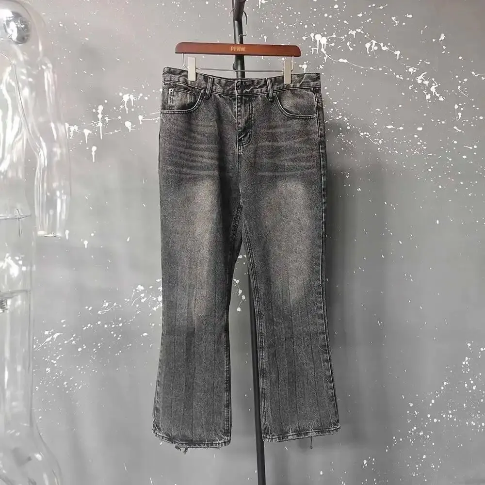 Distressed Niche Design Black Grey Micro Flared Jeans Men's Loose Trend Straight Hole Bottom Casual Denim Trousers 28W5868