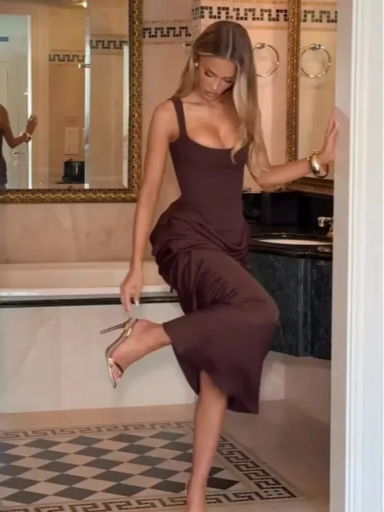 Solid Pleated Sling Dress Square Neck Sleeveless Off-shoulder Waist Cinching Slim Women Dresses Fashion Evening Party Gown 2025