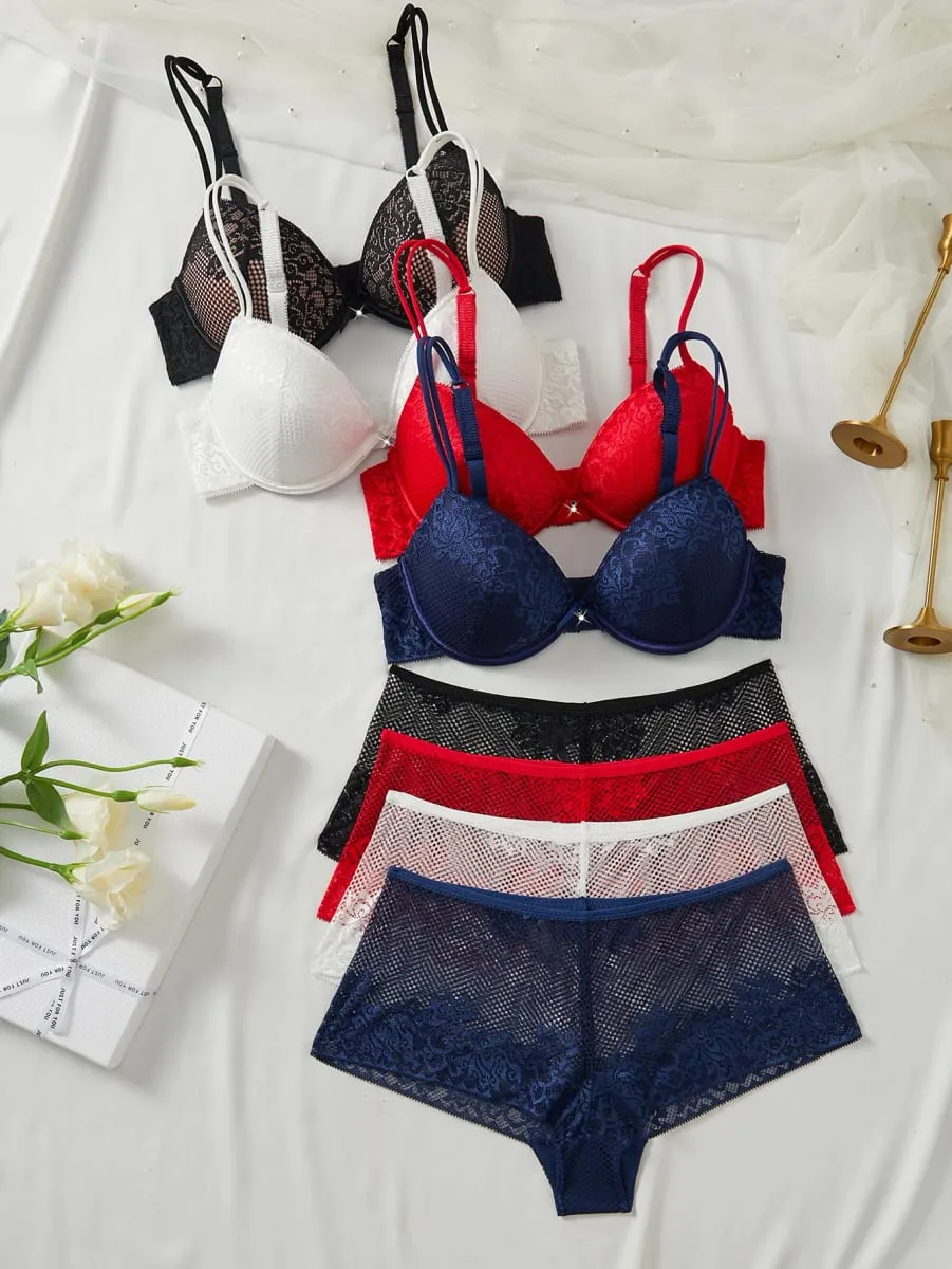 4 adet kadın iç çamaşırı seti seksi çiçek dantel Push Up sütyen şeffaf nefes külot şık rahat seksi iç çamaşırı