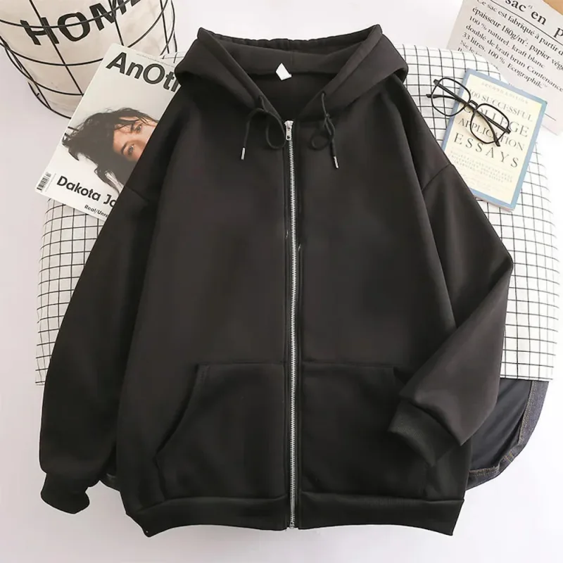 High Street Hoodie Men Solid Color Zip Up Long Sleeve Loose Jacket Coats Casual Hooded Sweatshirt Y2K Fashion Outdoor Clothes