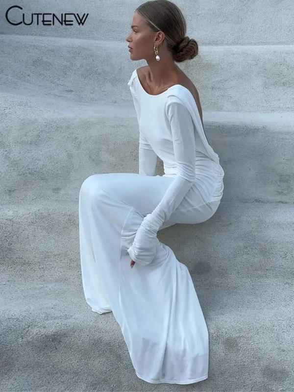 Cutenew High Street Women Maxi Dresses Classic Solid Backless Full Sleeve Sheath Concise Robe Female Elegant Banquet Vestidos — image 1